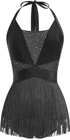 EFOGEP Womens Latin Dance Costume Sequins Fringe Bodysuit Sparkly Tassel Dance Leotard Halter Neck Latin Tangos Salsa Jazz Acrobat Outfits Black S