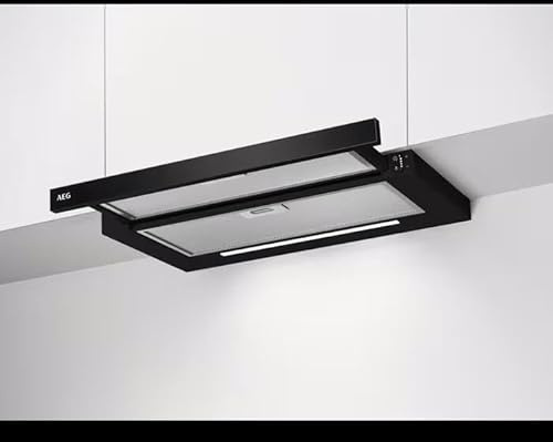 AEG DPE5661B Flachschirmhaube, 60 cm breit, Abluft- und Umluftbetrieb, Drucktasten, 3 Leistungsstufen + 1 Intensivstufe, inkl. Griffleiste, schwarz
