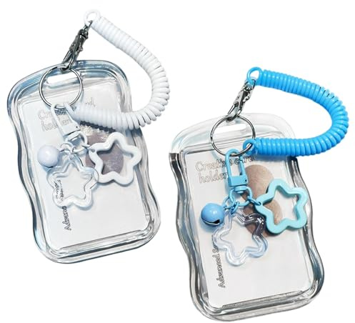 Lot de 2 porte-clés en silicone transparent avec cordon à ressort rétractable, breloque étoile et cloche pour étudiants, personnel et enseignant (bleu, blanc)