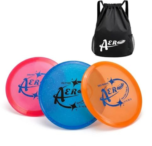 AeronauDiscs Disc Golf Starter Set, 3 Discs with Drawstring Bag, Driver Mid Range Putter, Premium Plastic