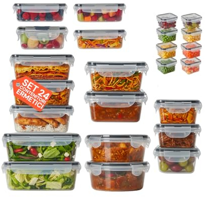 Avilia - Contenitori Ermetici per Alimenti Multimisura Set 24 Pezzi per Frigo e Dispensa, in Plastica PP con Etichette e Penna, Impilabili Salvaspazio per Meal Prep e Conservazione Fresca