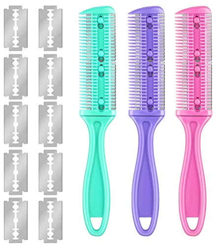 Masyrt 3 Pettini per Capelli, Pettine per Tagliare i Capelli su Doppio Lato con 10 Lame in Acciaio Inossidabile per Tagliare i Professionali a Casa, Rifinitore per Doppie Punte, (Colore assortito)