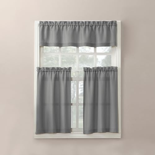 No. 918 Martine Microfiber Semi-Sheer Rod Pocket Juego de Cortinas de Cocina de Microfibra de 3 Piezas, Gris, W 36 x L 54 (1 Panels)