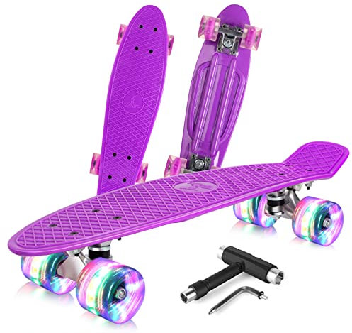 BELEEV Kinder Skateboard 22 Zoll mit LED Leuchtrollen Wheels, Komplette Mini Cruiser Skateboard für Kinder Jugendliche Erwachsene, LED Leuchtrollen mit All-in-one Skate T-Tool für Anfänger