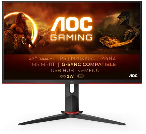 AOC Gaming 27G2U - 27 Inch FHD Monitor,144Hz,1ms, IPS, AMD FreeSync, Height adjust, Speakers, USB Hub, Low Input Lag (1920x1080 @ 144Hz 250cd/m², HDMI/DP/VGA/USB 3.0)