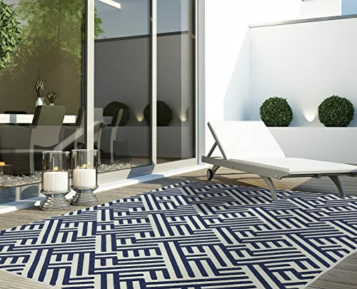 Antibes Modern Contemporary Geometric 3D Effect Indoor Outdoor Trellis Flatweave Rugs in Classic Colours 200x290cm (6'7x9'6), AN04 Blue/White Linear