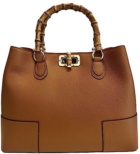 Modarno Genuine Leather Woman Bag with Real Bamboo Handles Made in Italy/Elegant and Minimal/Luxury Handbag for Women Made in Italy, Leather