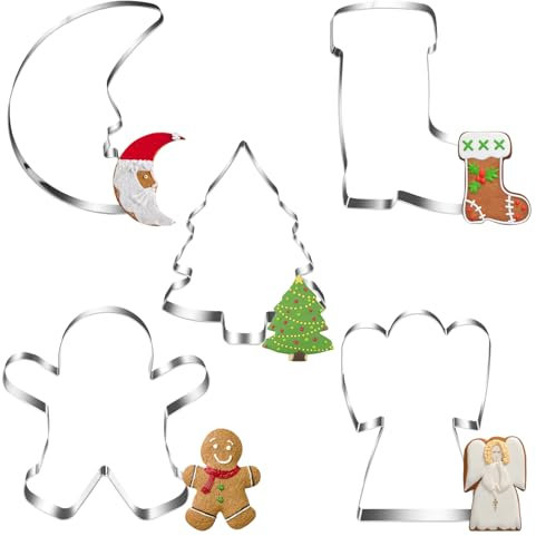 Ausstechformen Weihnachten, 5 Stück Lebkuchenmann Plätzchen Ausstecher Set, Edelstahl Plätzchenausstecher Weihnachtsbaum, Engel Stiefel Keksausstecher, Mond Cookie Cutter Geschenke für Backen
