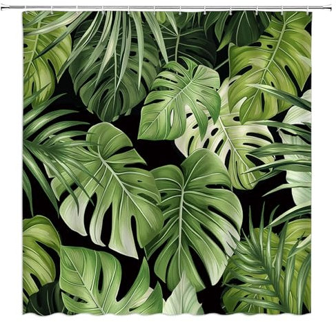 KTGHA Tropical Leaves Shower Curtain Green Monstera Palm Leaf Plant Botanical Jungle Rainforest Nature Fabric Bathroom Accessory Decor with Hooks(70'' WX70 H)