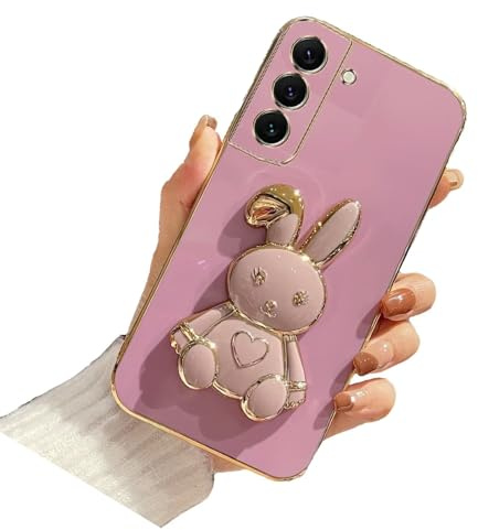 Nadoli pour Samsung Galaxy S23 FE Lapin Invisible Béquille Coque,Ultra Mince Placage Cœur Bunny Pliant Supporter Antichocs Silicone Flexible Coque Housse Étui de Potection
