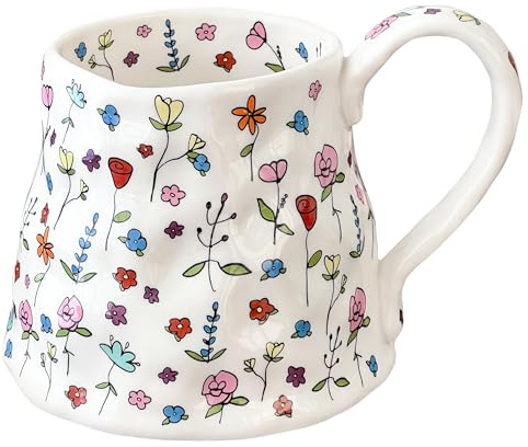 Large Ceramic Coffee Mug Cute Flower with Handmade Big Handle, 20oz Girly Pink Floral Tea Cup for Women Mothers Day, Novelty Irregular Oversized Christmas Mugs for Latte Tea Milk Cocoa