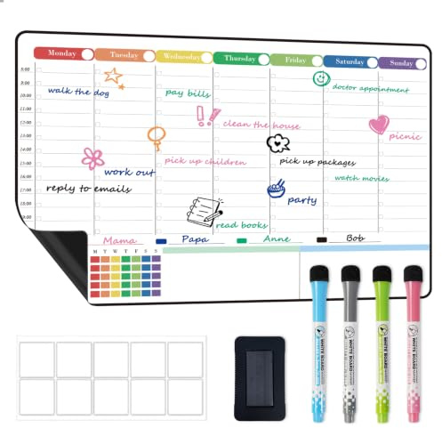 POPRUN Magnetic Calendar Weekly Planner Whiteboard for Fridge, A3 Family Schedule Planner with Time Slots, Reusable Dry Erase Board, Meal Planner Board Monday to Sunday, Chore Chart, Fridge Organisers