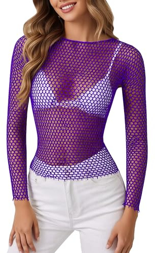 Mingnos Haut en résille pour femme - Lingerie sexy transparente - Robe t-shirt - Tenue de festival - Haut à manches longues en maille, violet, taille unique