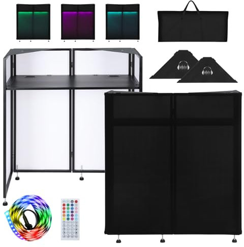 SMONTER Mesa portátil para DJ con pestillo de luz y mando a distancia - DJ Booth con pasacables - Doble esquina superior, marco de metal, scrims blancos y negros, 5 patas ajustables y bolsa de