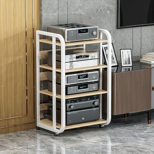Audio Rack Gaming Hylla DVD Hylla AV Media Stand Hörnhylla med förvaringshyllor och Universal Wheel Record Player Stand för Living Room Gaming Room Music Studio Recording Room.(Wit,50x42.5x90cm)