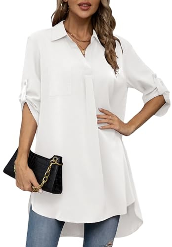 TIANZHU Kvinnor chiffongblus 3/4-ärm V-ringad toppar basic tunika solida blommiga tryckta skjortor för att gå ut S-2XL, Vitt, M