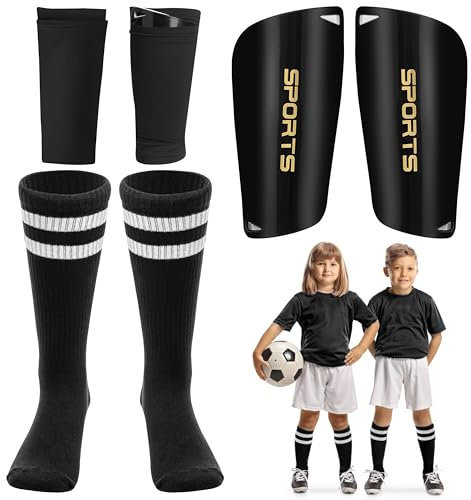 GoaePode Kinder Schienbeinschoner Fussball, Fussball Shin Guard mit 1Paar Fußballsocken und 1Paar Schienbeinschoner Socken, Verstellbaren Schienbeinschoner für Kinder Erwachsene Anfänger, Größe S