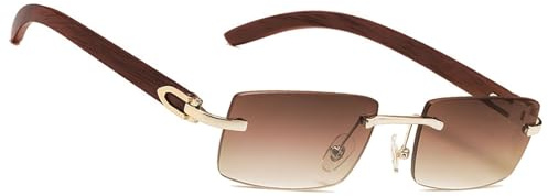 MEGAVOW Lunettes de Soleil sans Monture, Sangle de Lunettes, Lunette de Soleil avec Jambes en Bois d'imitation, Carrées Rétro Lunette pour Femmes Hommes, UV400