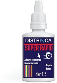 DISTRICA Super Rapid 4 – Colla liquida istantanea extra forte 20g trasparente con punte fini antigoccia, asciugatura rapida, adesivo universale