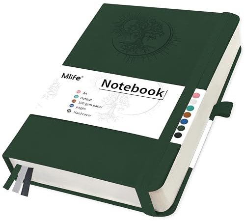 Mlife A4 Prickig Anteckningsbok Med Livets Träd-Design, 360 Sidor, 100 G/M² Prickigt Papper, Pu-Omslag, Resårband, Pennhållare, 3 Bokmärken, 21,3 X 28,1 Cm (Mörkgrön)