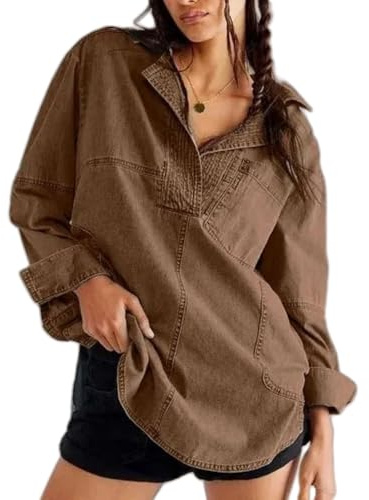 Dam denim pullover ledig knapp v-ringad blus, lös passform långärmad jeansblus med ficka, Brun, XL