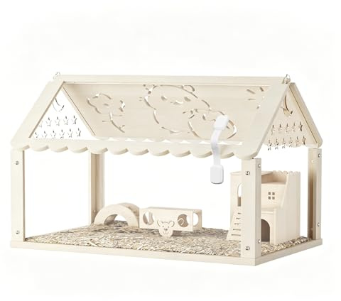 Gabbia per criceti in legno, 60 x 30 x 40 cm, con nascondiglio in stile villa, ponte ad arco e passaggio, gabbia trasparente per criceti siriani, criceti nani e porcellini d'India