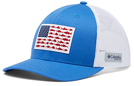 Columbia Men's PFG Fish Flag Snapback Ball Cap, Breathable, Adjustable, Vivid Blue/White