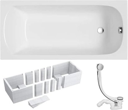 VBChome Badewanne 120x70 cm Acryl SET 3in1 Wannenträger Siphon Wanne Rechteck Weiß Design Classic Styroporträger Ablaufgarnitur in Chrom 1 Personen (120x70)