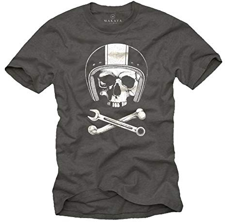 MAKAYA Maglietta per LA Meccanica - T-Shirt con Stampa Moto - Casco con Teschio Uomo Grigio L