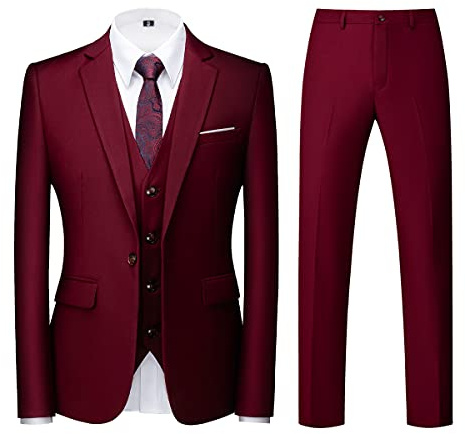 KUDORO Costume Homme 3 pièces Slim Fit Smoking Simple Poitrine à Un Bouton, Men Suits 3 Piece pour Mariage Business Fête Confort Elégant Blazer Veste et Pantalon Gilet(Bourgogne,L)