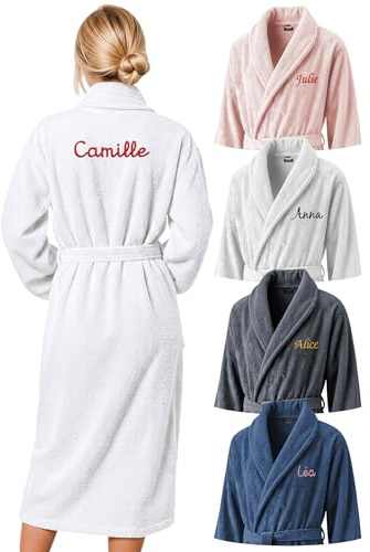 KDO MAGIC Peignoir de bain femme personnalisé - Prénom brodé - Matière éponge - Plusieurs coloris - Cadeau Saint-Valentin, anniversaire, fête des mères (M, Blanc)