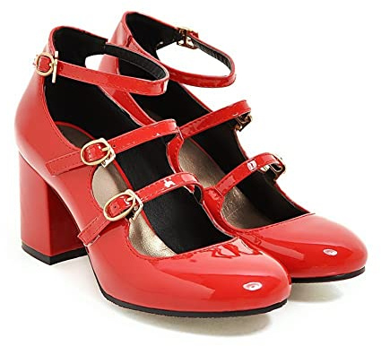 HOTRA Mary Jane Talons Épais avec Bride À la Cheville pour Femme Cuir Verni À la Mode Bout Fermé Plateforme Robe Escarpins Chaussures (Color : Rouge, Size : 37 EU)