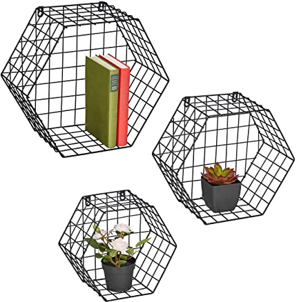 Relaxdays Wandregal 3er Set, Metall, 3 Größen, Gitter-Design, Industrial, Hängeregal Hexagon, Dekoregal Wand, schwarz