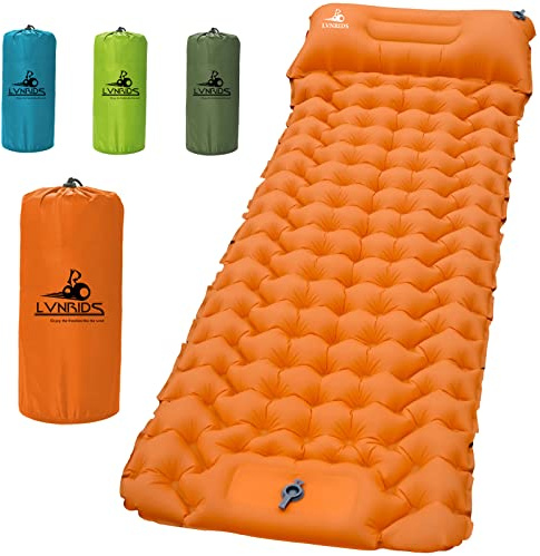 LVNRIDS Matelas Camping Gonflable avec Pompe à Pied, Tapis Autogonflant de Couchage avec Oreiller 10 cm d'épaisseur Matelas Auto-gonflant Ultraléger pour Camping Randonnée Plage Jardin Orange
