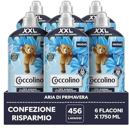 Coccolino Ammorbidente Concentrato Aria di Primavera, Ammorbidente Lavatrice con Tecnologia Stay Fresh, con Note Fruttate, Rosa, e Sandalo, Formato XXL Fino a 456 Lavaggi, 6 Pezzi da 1750 ml
