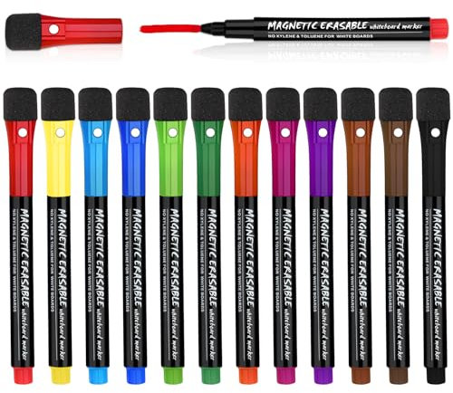 BASVII 12 Farben Whiteboard Stifte Abwischbar - Magnetic Whiteboard Marker mit Schwamm für Schnell Trocknend und Reibungsloses Schreiben, Geeignet für Whiteboard Magnetisch, Kühlschrankkalender