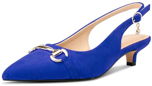 HDEUOLM Femmes Bas Kitten Talon Heel Pointu Bout Escarpins Slingback Boucle Mariage Dress 3.5 CM Heels Bleu Roi 38 EU