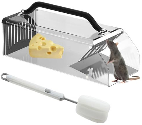 Piège à rats vivant, taille XXL, 30 cm, avec mécanisme de déclenchement très sensible, piège à souris vivant, transparent, avec boîte à appât et brosse