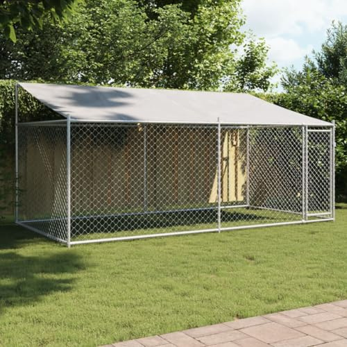 Azzrora Gabbia Cane, Box per Cani da Esterno con Tetto e Porta Grigia 4x2x2 m in Acciaio Zincato