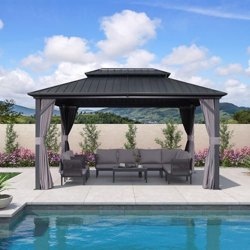 PURPLE LEAF 3 x 4.25m Hardtop Gazebo Permanent Outdoor Garden Gazebo with Galvanised Steel Double Roof, Aluminium Frame Patio Gazebo with Curtains & Netting for Lawn Deck, Grey