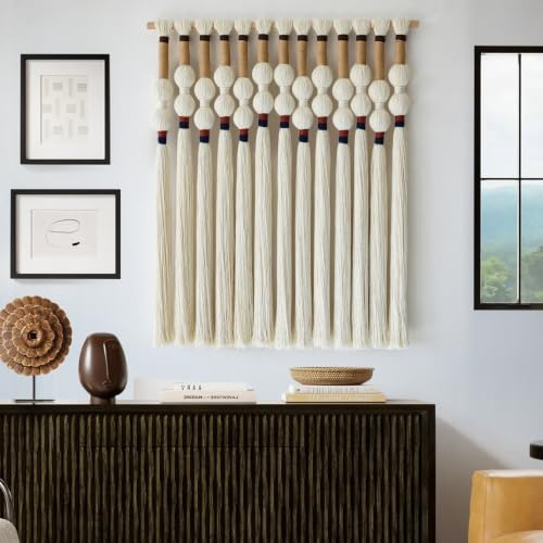 Flber Macrame Wall Hanging Boho Wall Art Handmade Spherical Knot Design with Tassel Fringe, Boho Decor for Bedroom Living Room, for Home Decoration 27 W x 33 L