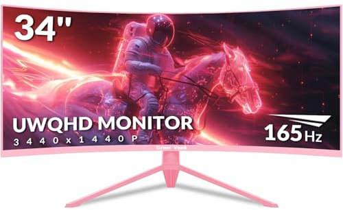 Great voell Écran Gaming incurvé 34 Pouces - UWQHD 3440x1440, 165Hz, 1500R, HDR10, FreeSync, Rapport de Contraste 4000:1, VESA 100x100mm - Rose