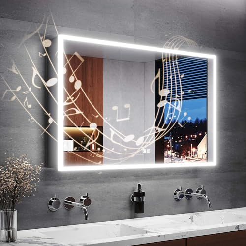 LOMIKEN 100x65x13cm Armoire de salle de bain avec miroir et éclairage, Armoire de salle de bain avec prise de courant, 3 couleurs de lumière réglables, en acier inoxydable, interrupteur à détection