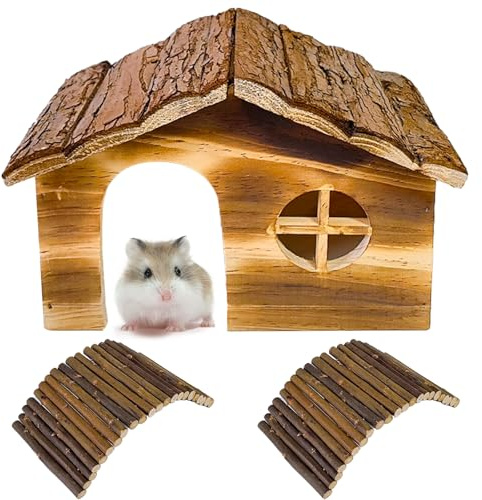 Hamiledyi Hamster Hideout Wooden Hamster House and Bridge with Windows Habitats Decor for Rat Gerbils Mice Playing Hiding