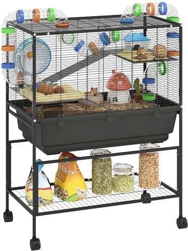 PawHut Rat Cage on Wheels, 3 Tier Large Hamster Cage with 17 cm Deep Tray, Storage Shelf, Big Exercise Wheel, Tube System, Hut, Platforms, Ramps, Water Bottle, Food Dish, for Syrian Hamsters, Rats