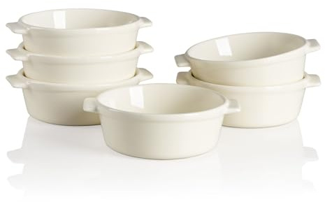 Sweejar Home Ceramic Souffle Dishes, Round Handle-Ramekins-Baking, 300ml for Pudding,Creme Brulee,Souffle - Set of 6 (Beige)