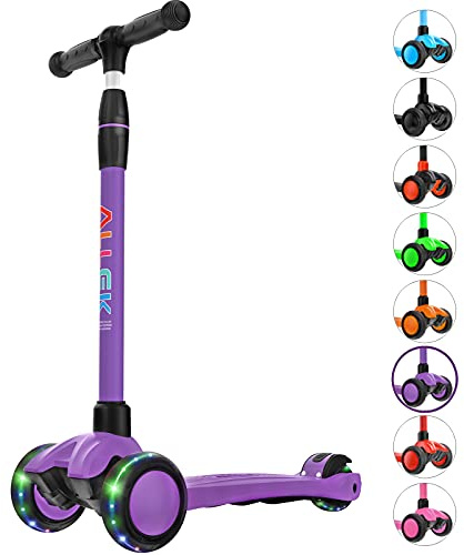 Allek Kick Scooter B03, Lean 'N Glide 3-Wheeled Push Scooter with Extra Wide PU Light-Up Wheels, Any Height Adjustable Handlebar and Strong Thick Deck for Children from 3-12yrs (Purple)