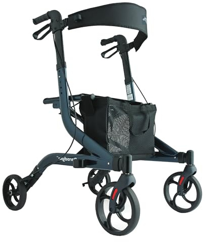 Medline Aluminum European Style Foldable Rollator with Backrest, 300 lbs. Capacity, Navy — For Foot & Leg Injuries & Post-Surgery
