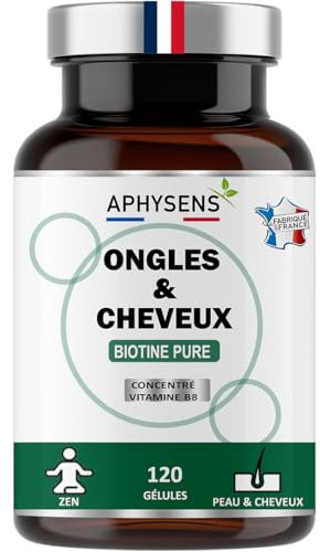 Biotine Végétale | Soin des Cheveux et Ongles | sans additifs | Vitamine B8 très concentrée | 3 mois de Cure 120 gélules | Fabrication Française | Aphysens