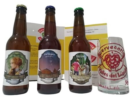 Cerveza artesana Valles del Lúpulo: pack regalo (1 PRIMETA-pilsen + 1 PA´LLEGRA-pale ale + 1 RAÍCES-nitro IPA + vaso pintado a mano)